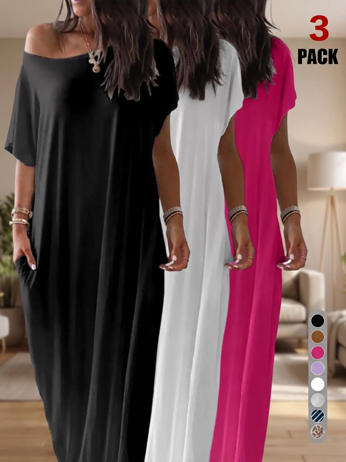 Loose-Fitting Short-Sleeved Maxi Dress, Off-Shoulder Asymmetric Neckline, Casual Straight-Cut with Pockets, Perfect for Relaxed Look, Casual Wear, Casual Beach Sundress