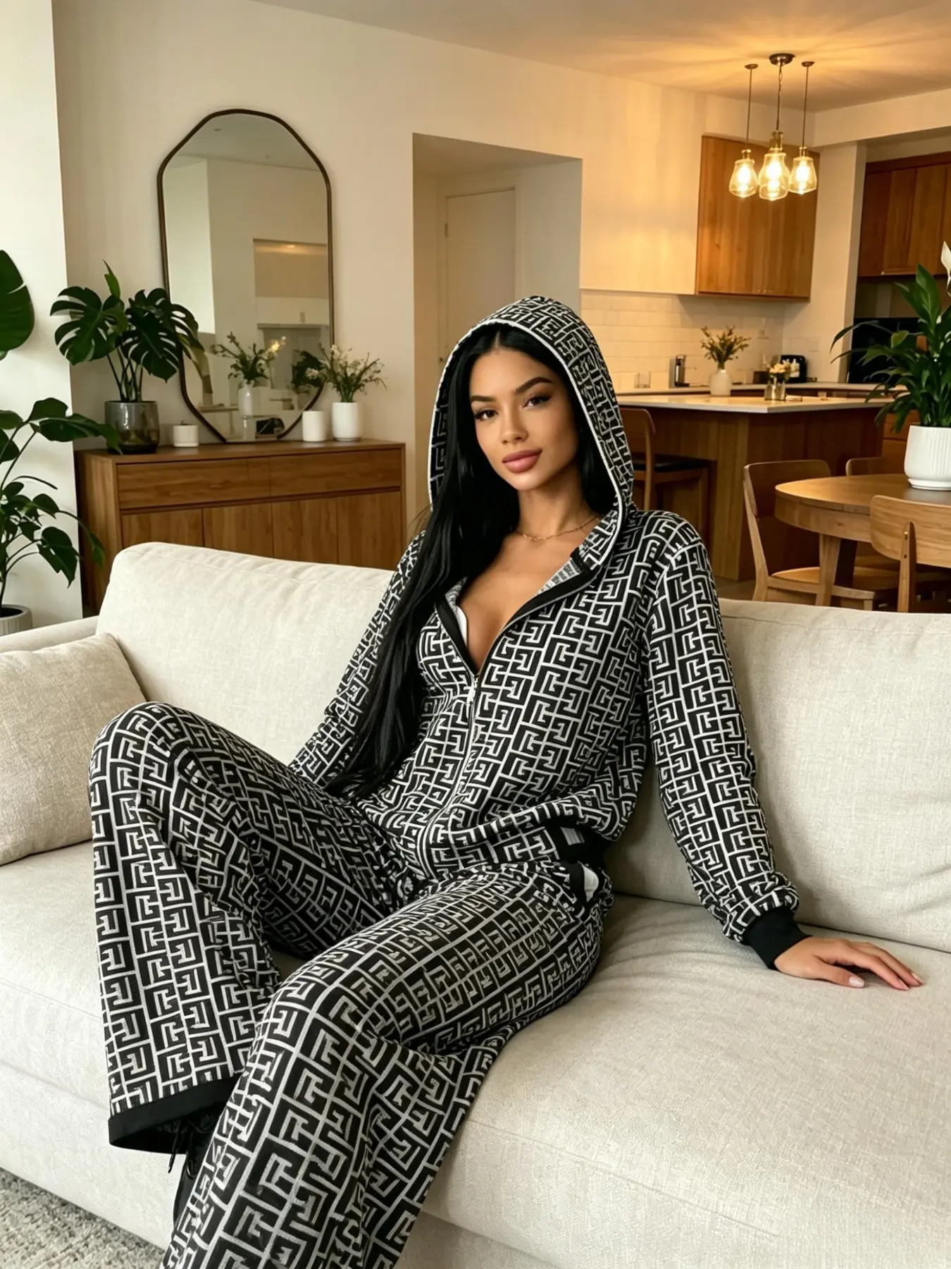 Women's Geometric Print 2 Piece Tracksuit Set Zip Up Hooded Jacket + Wide Leg Drawstring Pants Casual Lounge Sweatsuit Outfit Athleisure Tracksuit Outfit Casual Workout Tracksuit