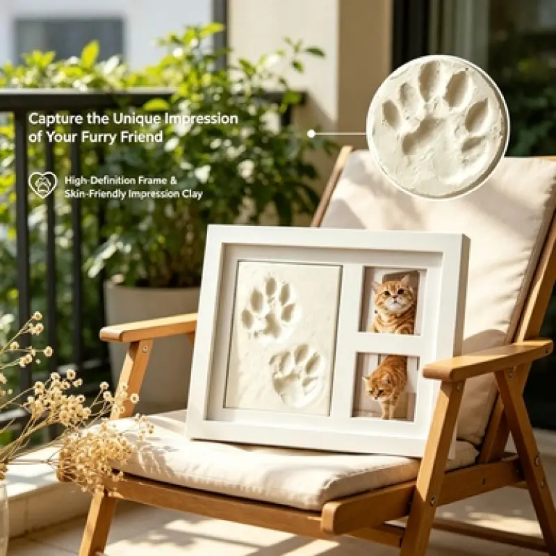Pet Paw Print Wooden Keepsake Photo Frame with Skin-Friendly Imprint Clay, Dual Photo Slots Design, Perfect for Recording Dog Cat Footprints as Warm Home Memorial Desktop Decor Gift