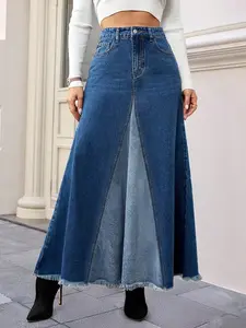 Women's Casual Elegant A-Line Flared Long Denim Skirt, Womenswear, Washed Effect and Frayed Button Details, Non-Elastic Fabric Design