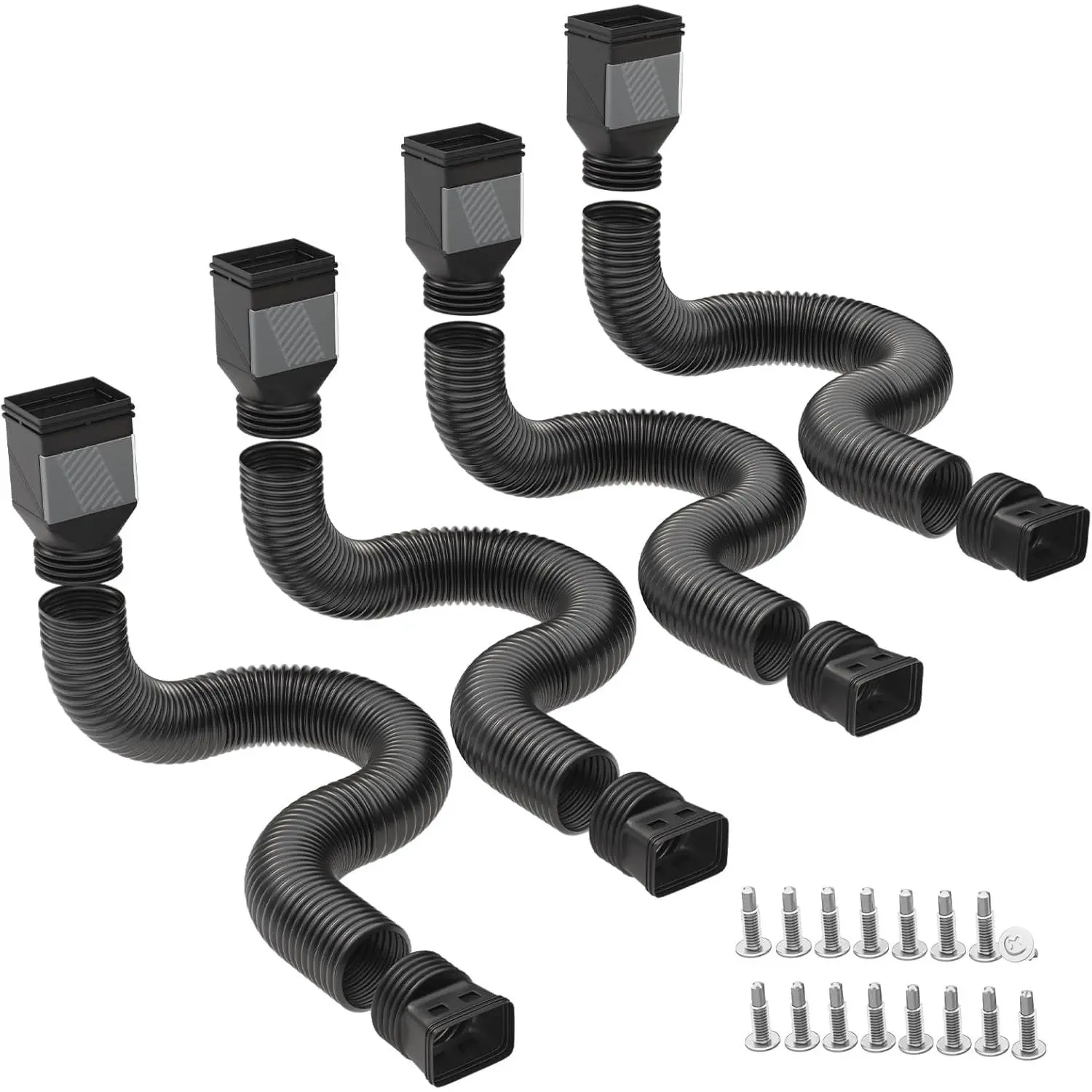 4 Pack Extendable & Flexible Downspout Extension (22"-63"), Corrugated Drain Pipe with Adapters, Built for Outdoor Drainage Use, Easy Installation, Fits 2"x3" & 3"x4" Standard Gutter Downspouts