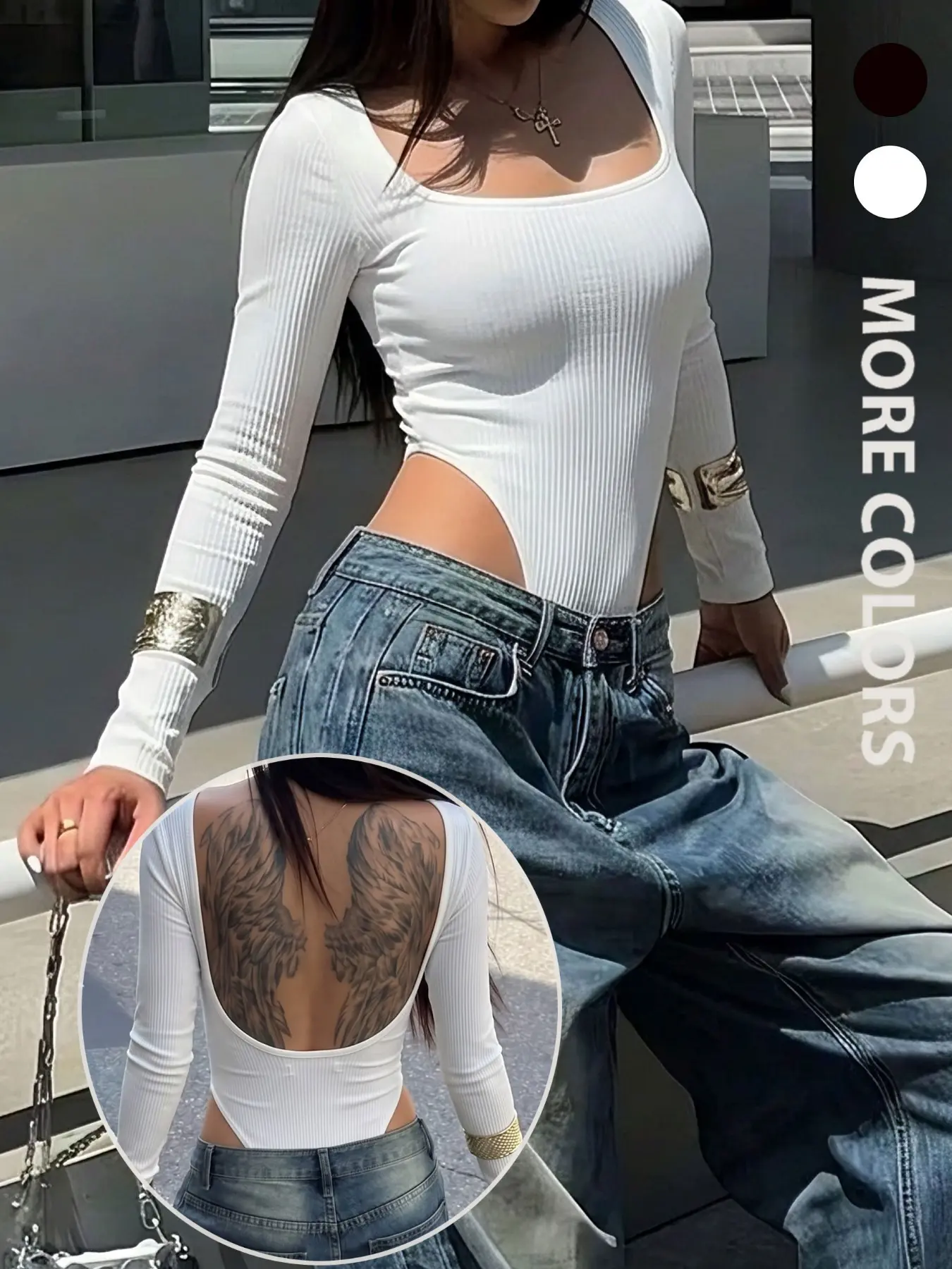 Women White Square Neck Rib Long Sleeve Bodysuit High Cut Side Waist Leotard Soft Stretch Basic Single Top Only Chic