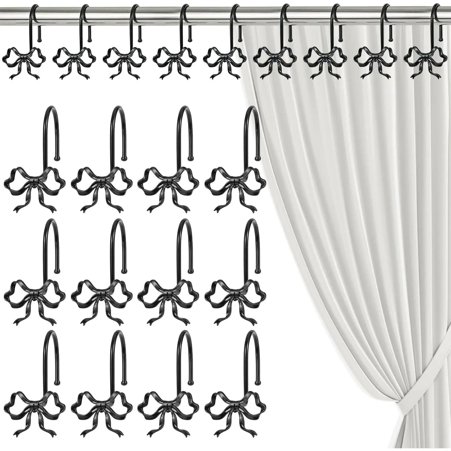 12 Pack Elegant Bow Shower Curtain Hooks, Black Metal Rustproof Decorative Shower Curtain Hooks, Shower Curtain Hangers for Bathroom Art Decor