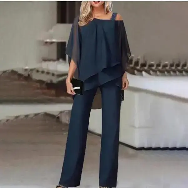 Women's Plus Size 2-Piece Chiffon Trouser Suit - Half Sleeve Mother of the Bride Formal Wedding Guest Clothes, Airy Chiffon Drape, Flowy Pant Suit, Multi-Size, Full Length, Basic