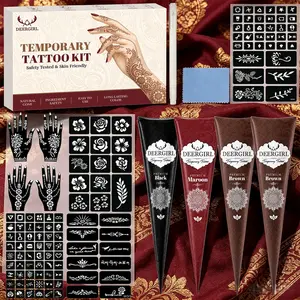 Henna Tattoo Cone Set, Multiple Color Options Plant Based Drawing Paste, Full Set Palm Mandala Floral Letter Stencils With Scissors & Cleaning Accessories, Beginner Friendly At-home DIY Ethnic Temporary Tattoo Gift Box