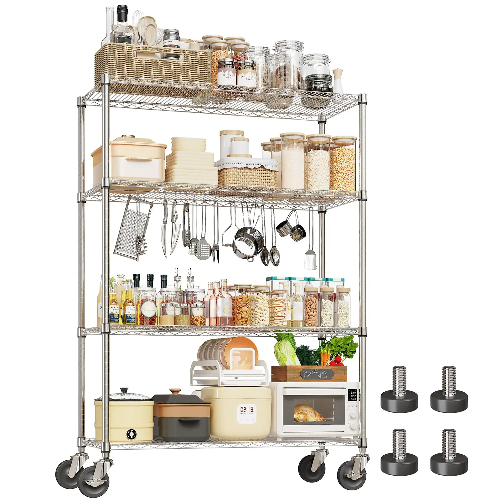 4/5/6-Tier Wire Shelving with Wheels, Metal Storage Rack, Industrial Garage Shelving Unit, Moveable Shelves for Kitchen Pantry Workshop Warehouse Organization