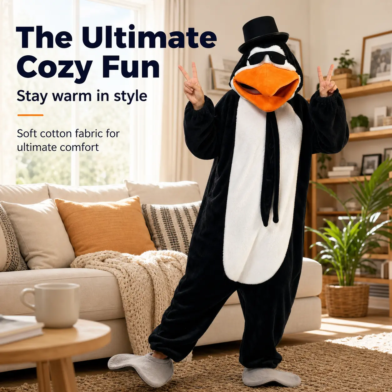 Unisex Adult Funny Penguin Hooded Onesie - Thick Coral Fleece, Full Body Cartoon Cosplay Jumpsuit, Loose Long Sleeve Sleep Suit for Halloween Parties, Comic Con, Daily Warm Loungewear