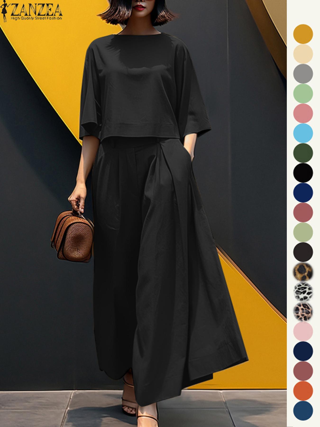 Women's Top & Wide Leg Pants Two-piece Set, Casual Fashion Cozy Three Quarter Length Sleeve Top & Trousers for Daily Outdoor Wear, Ladies Clothes for All Seasons, Womenswear