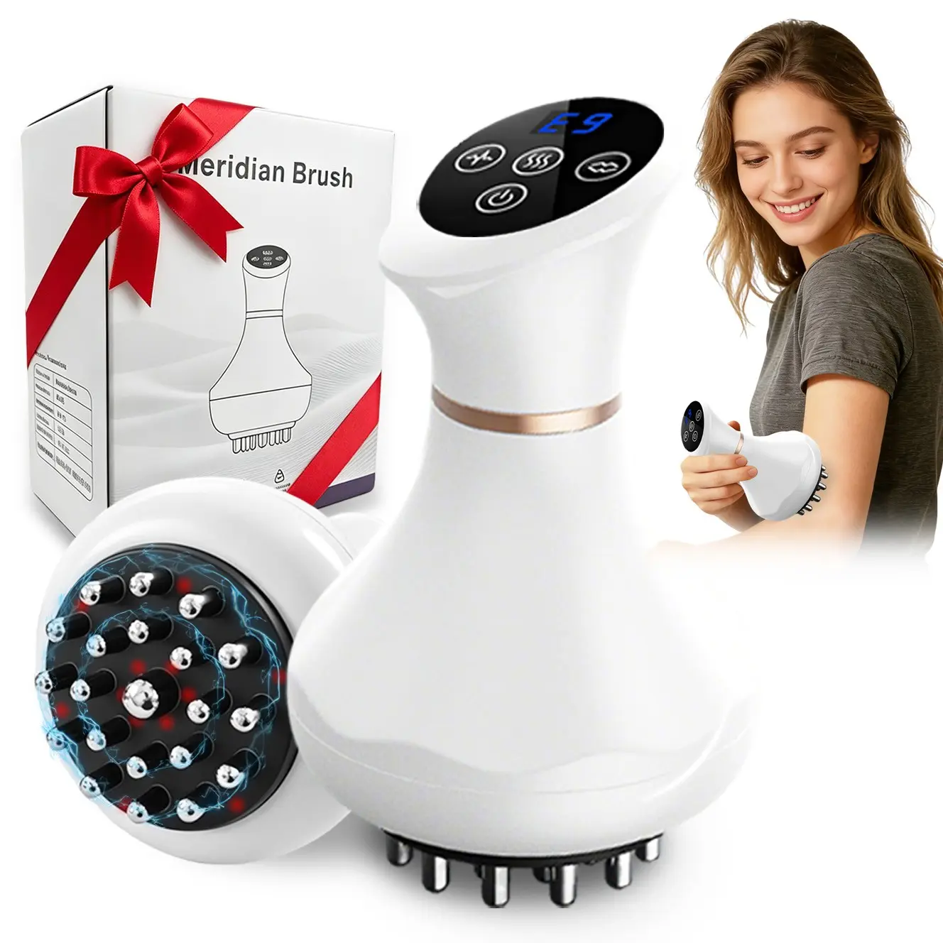 Portable Electric Heating Abdominal Massage Brush, Light TENS/EMS Lymphatic Brush, 1200mAh USB Rechargeable Massager 9 Modes 20 Min Timer