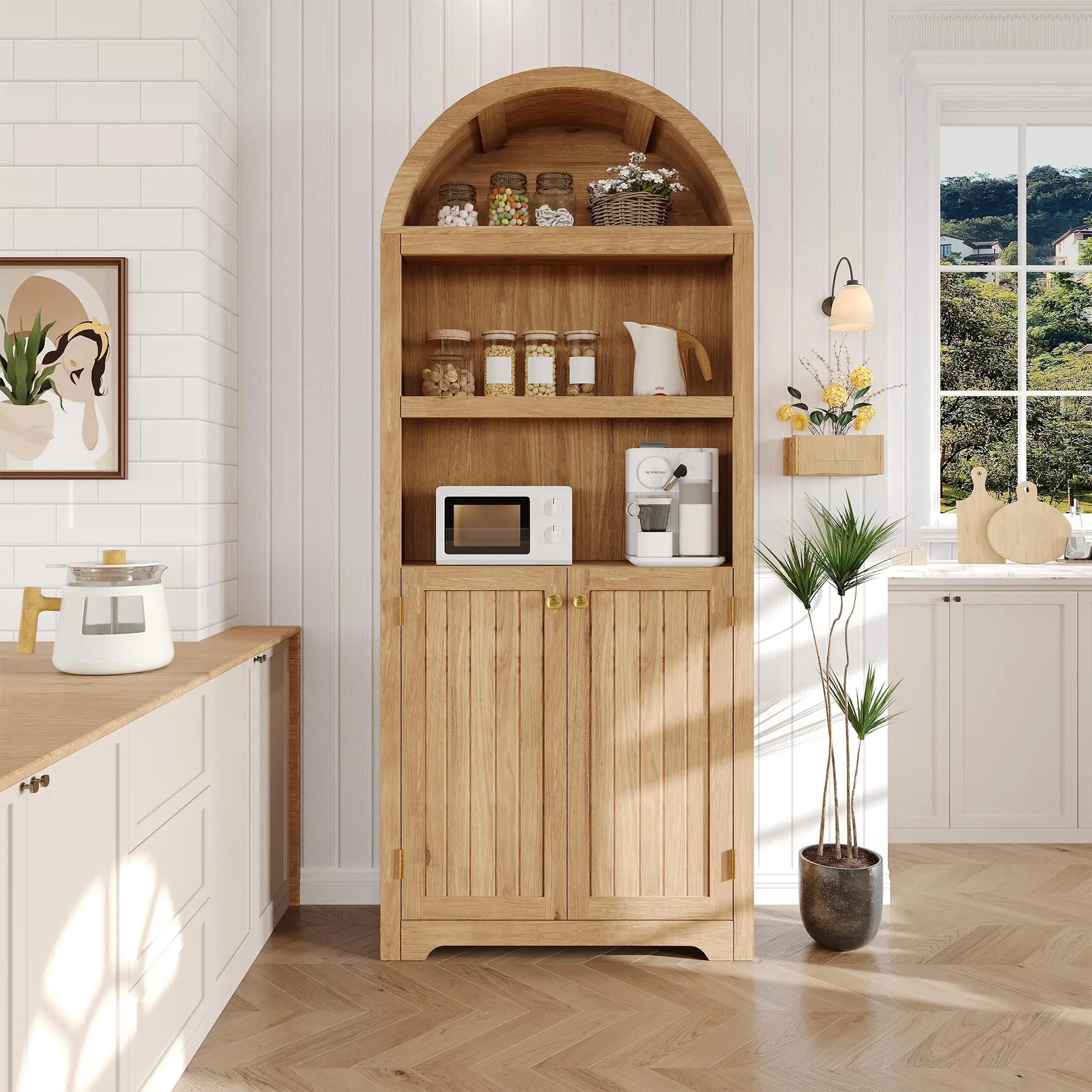 72" Tall Natural Wood Arched Storage Cabinet, Wooden Bookcase with Elegant Gold Metal Handles, Double Doors & 5 Adjustable Shelves, Freestanding Pantry Cabinet for Kitchen, Dining Room, Living Room and Home Office