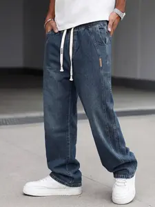 Men's Vintage Washed Jeans, Casual Long Pants, Pocket, Drawstring Waist, Elastic Waistband, Loose Straight Fit, Daily Wear