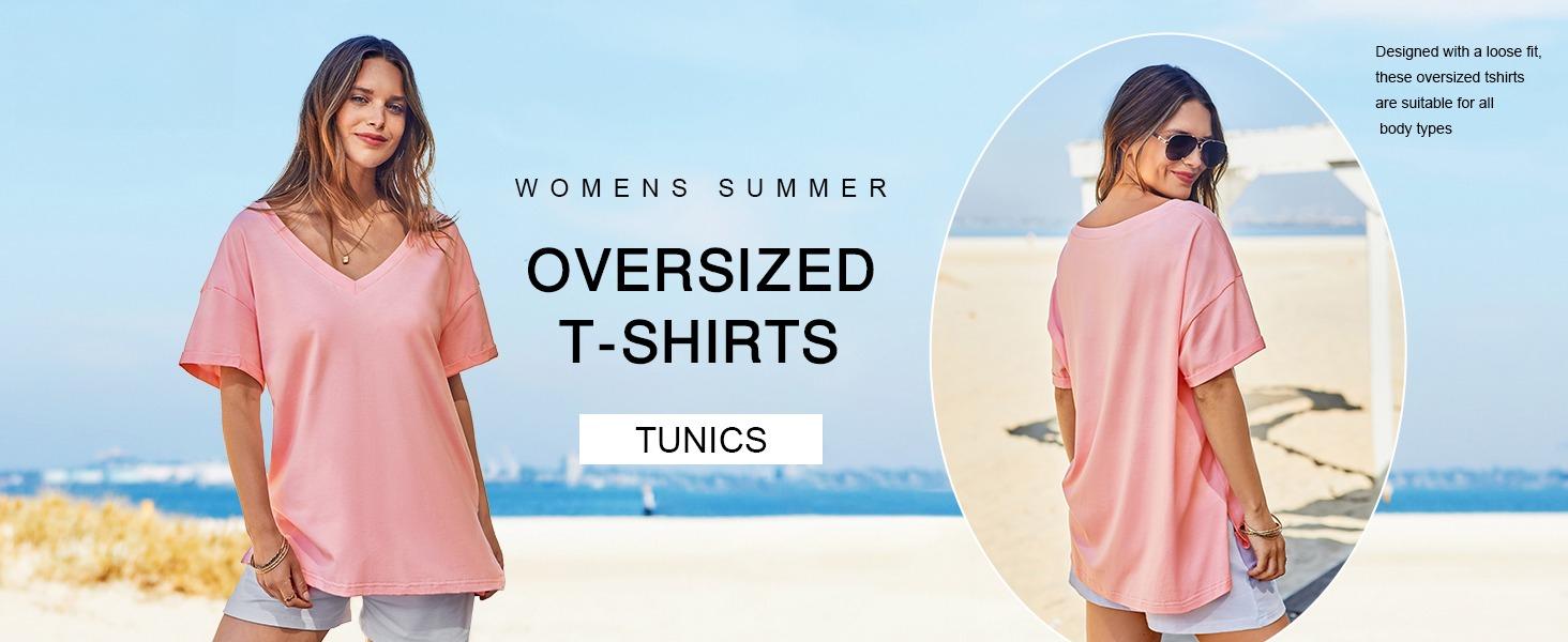 Imily Bela Womens Oversized Tshirts V Neck Short Sleeve Tops Summer Casual Loose Fit Tunic Tee Shirts