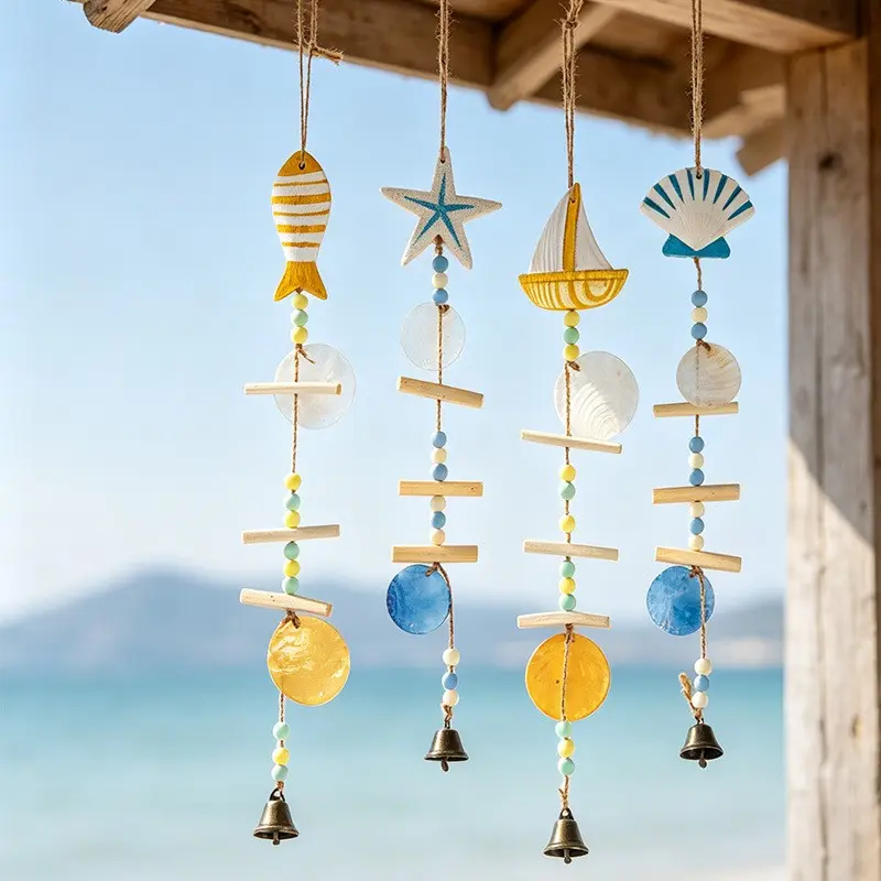 Mediterranean Wooden Starfish Wind Chime, Shell Bell Decor, Home Window Shelf Entrance Decoration, Beach Cottage Hanging Ornament