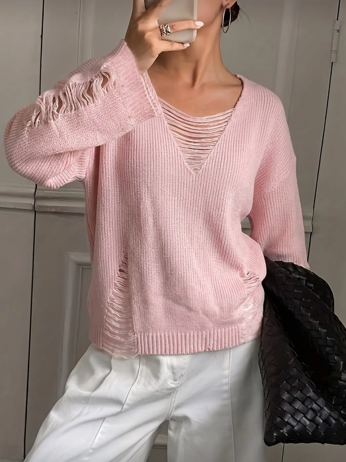 Light Post-Apocalyptic Style Ripped Fringe V-Neck Sweater for Women, Loose Fit Drop Shoulder Vintage Tear Knit Top, Spring & Fall