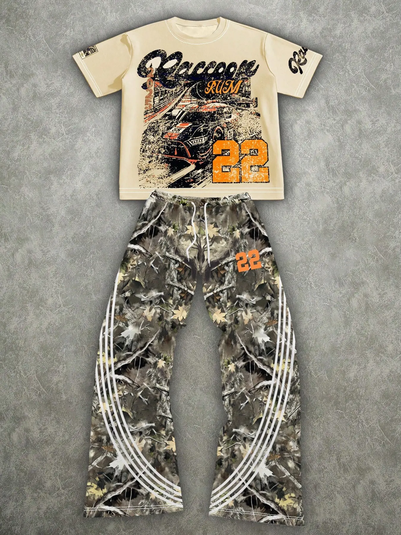 American Vintage 90s Street Style Vibe Racing Suit | Baggy Camouflage Forest Print Cargo Sweatpants and Distressed Graphic Shirt | Aesthetic 22 Number Co-ord Set for Men & Women