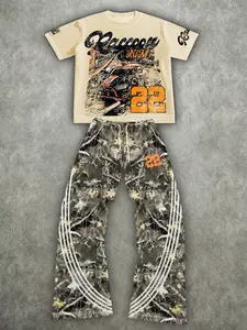 American Vintage 90s Street Style Racing Suit | Baggy Camouflage Forest Print Cargo Sweatpants and Distressed Graphic Shirt | Aesthetic 22 Number Co-ord Set for Men & Women
