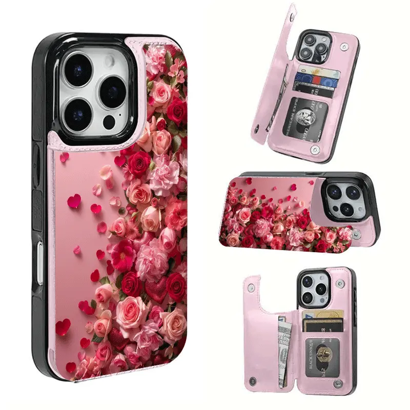 Pink Rose Heart Card Holder Case for iPhone  17 16 15 14 13 12 PRO MAX PLUS,AIR,for Samsung S22/S23/S24/S25 Features. with card slot for bank cards and transit cards, a perfect gift for family and friends