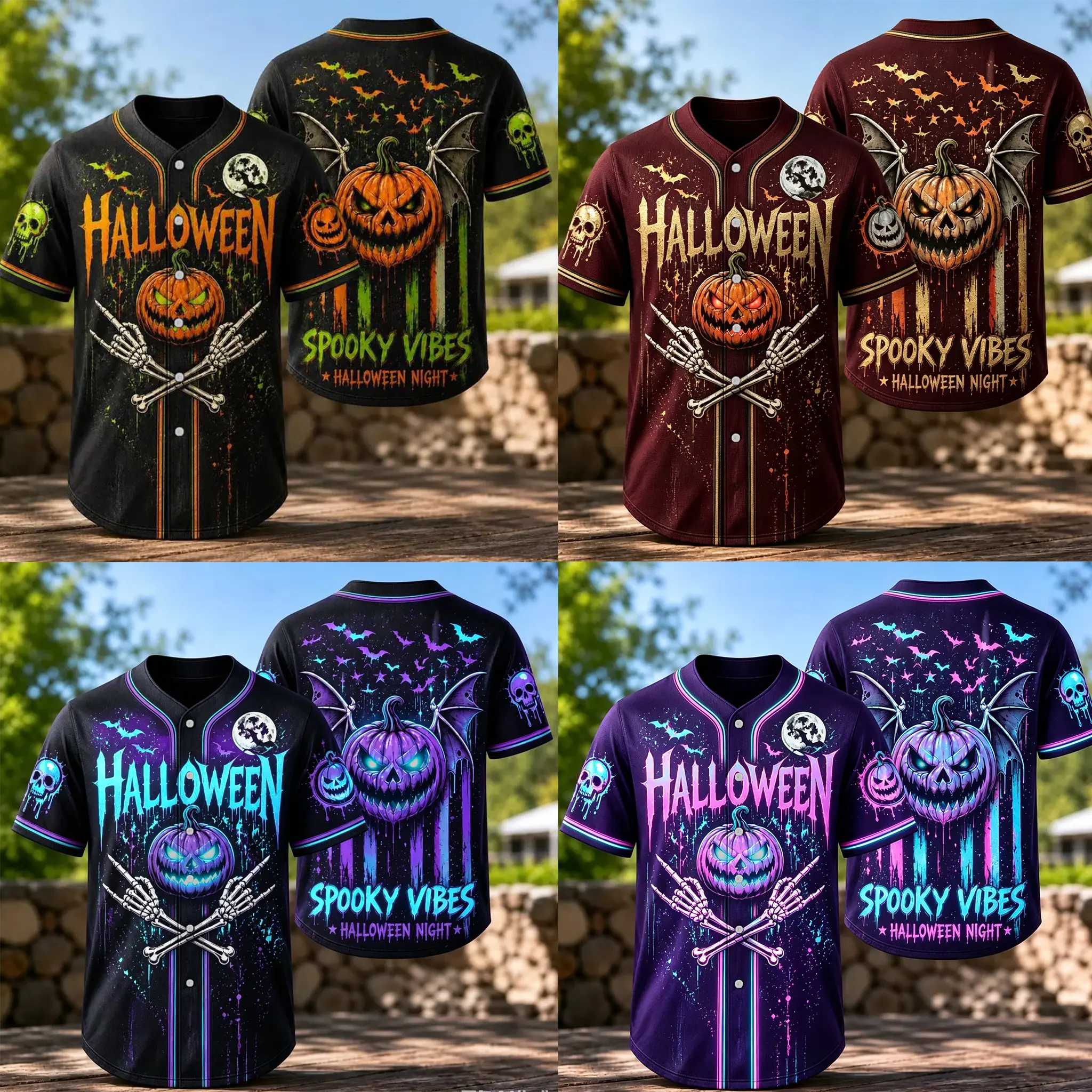 Unisex Spooky Vibes Halloween Baseball Jersey, Spooky Vibes Pumpkin Skeleton Bat All Over Print Short Sleeve Button Shirt, Gothic Horror Graphic Loose Top For Men, Women, Couple Halloween Night Costume # UnisexHalloweenShirt # HalloweenBaseballJersey