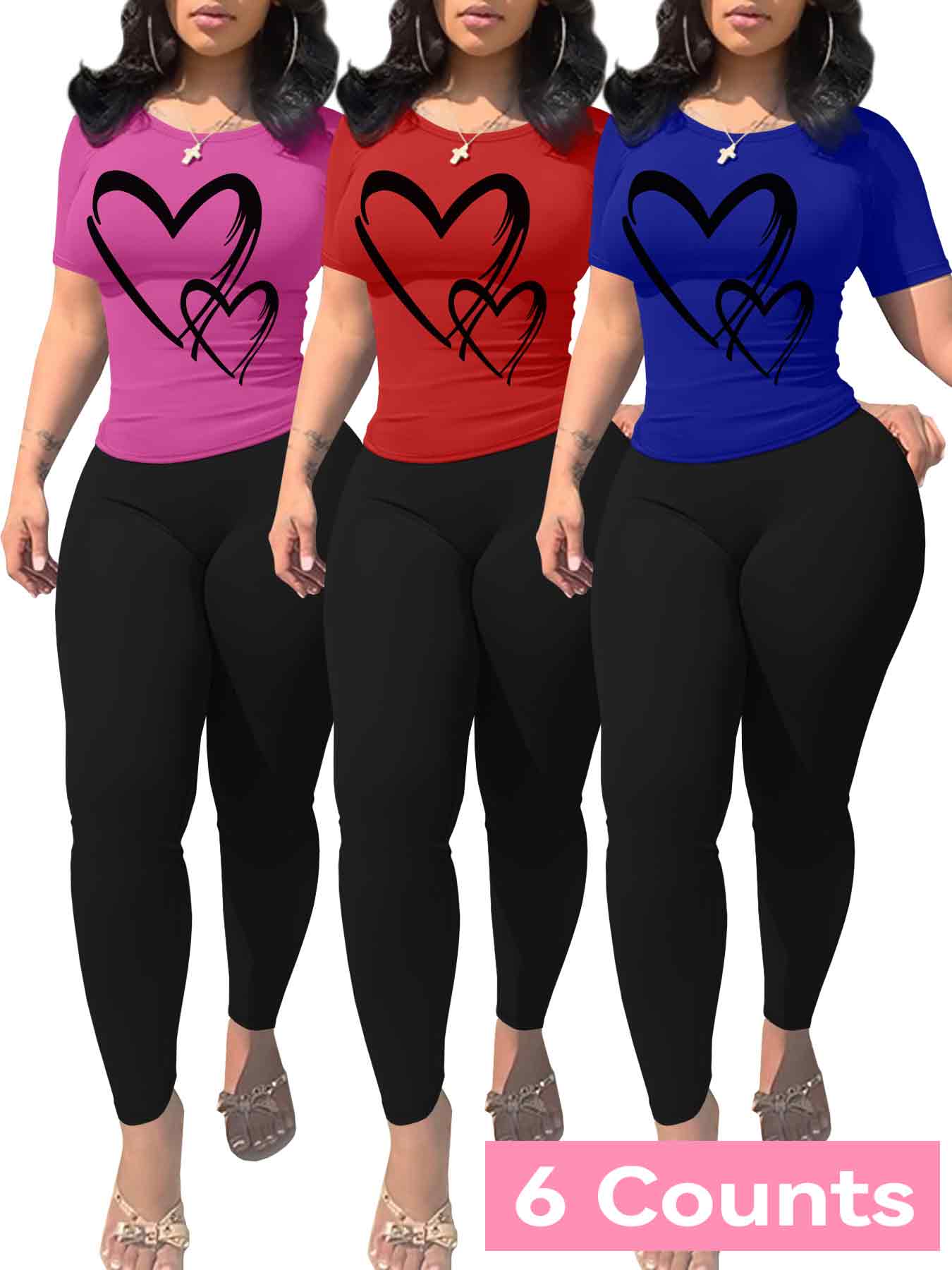 Women's Heart Print Crop Tee & Skinny Pants Set, Casual Short Sleeve T-shirt & Leggings, Ladies Summer Everyday Clothes for Daily Wear, Fit, Womenswear, Polish