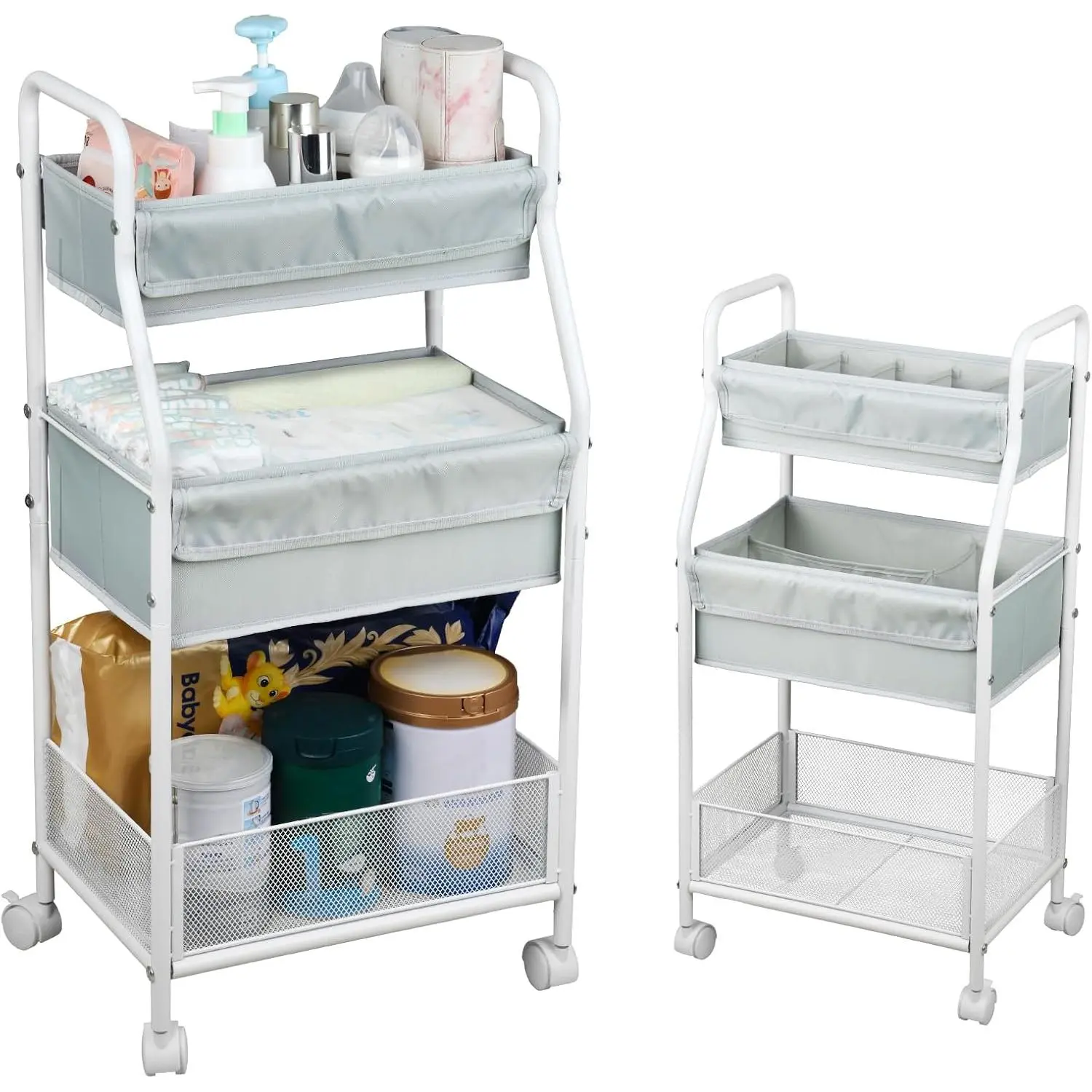 Rolling Utility Cart with Wheels, 3-Tier Diaper Cart, Rolling  Cart &   Organizer for  Essentials, Bedside/ Cart, Craft & Art Storage, Rolling Book Cart