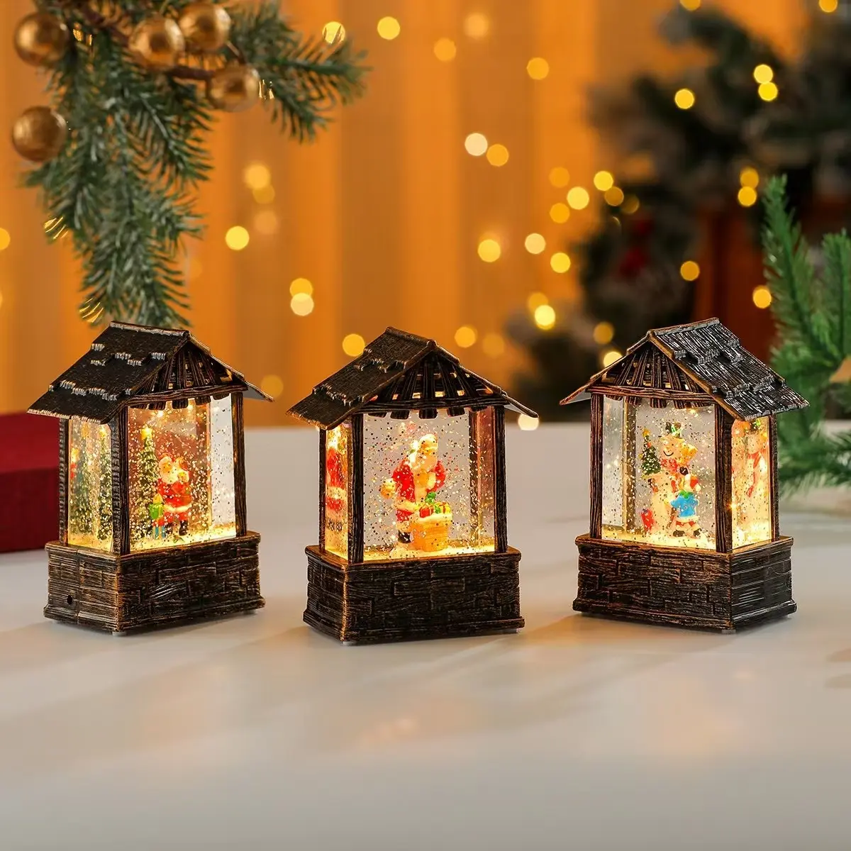 Three Options Christmas Santa Snowman Floating Crystal Lamp, Realistic Wooden House Water-Filled Snowflake Lamp, Cozy Bedroom Bedside Holiday Decor Gift