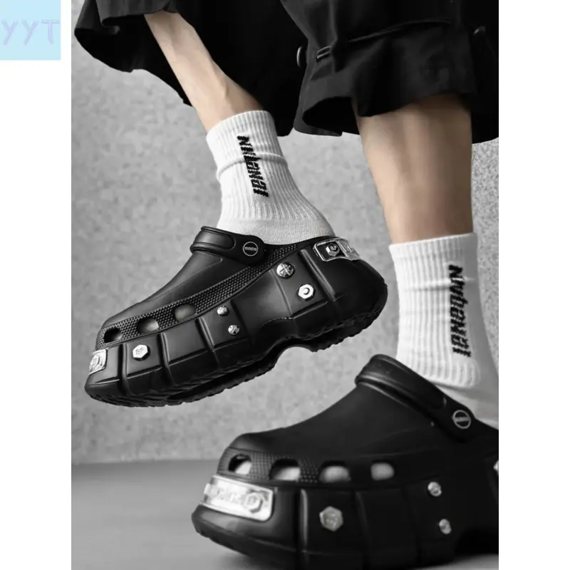 YYT1 1 Pair Metal Rivet Thick-soled Couple's Elevator Studded Platform Clog Sandals| Anti-& Durable, Height Boost & Leg-lengthening, Adjustable Laces| Urban Strolls, Daily Commute, Beach Fun & Outdoor Light