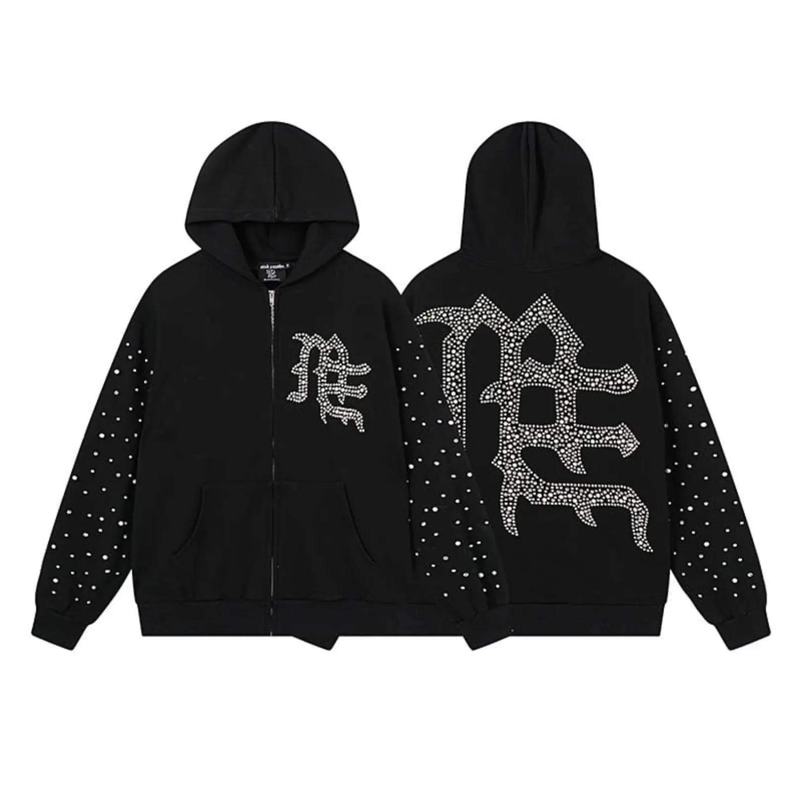 MIXED EMOTIONS Black Rhinestone Zip Up Hoodie 100% Cotton Oversized Loose Y2K Pearl Sleeve Hooded Sweatshirt Streetwear Jacket Autumn Winter Men Women Unisex Menswear Tops