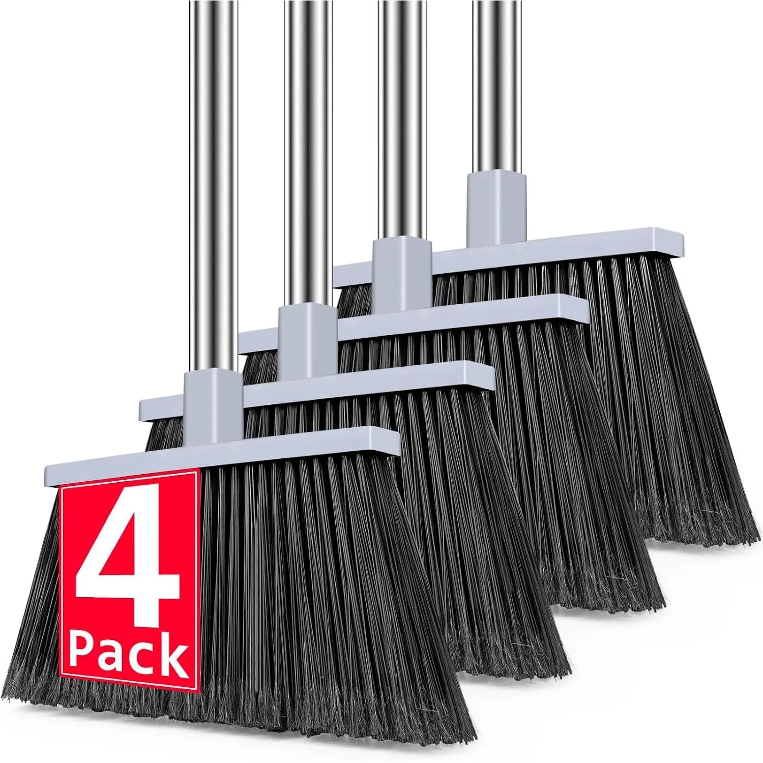 4 Pack Hard Bristle Angle Broom, 58" Long Stainless Steel Handle, for Indoor Outdoor Commercial Industrial Garage Kitchen Floor Cleaning
