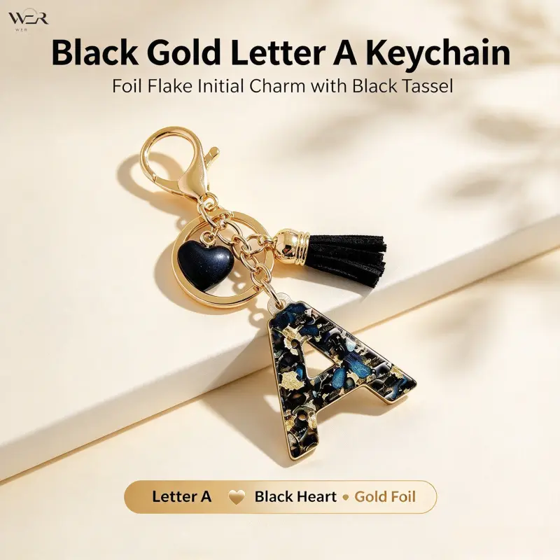 Black Resin Alphabet Letter Keyring with Cute Heart Tassel - Fashion Keychain, Bag Charm, Backpack Handbag Decor Accessory, Small Girls' Gift for Teens