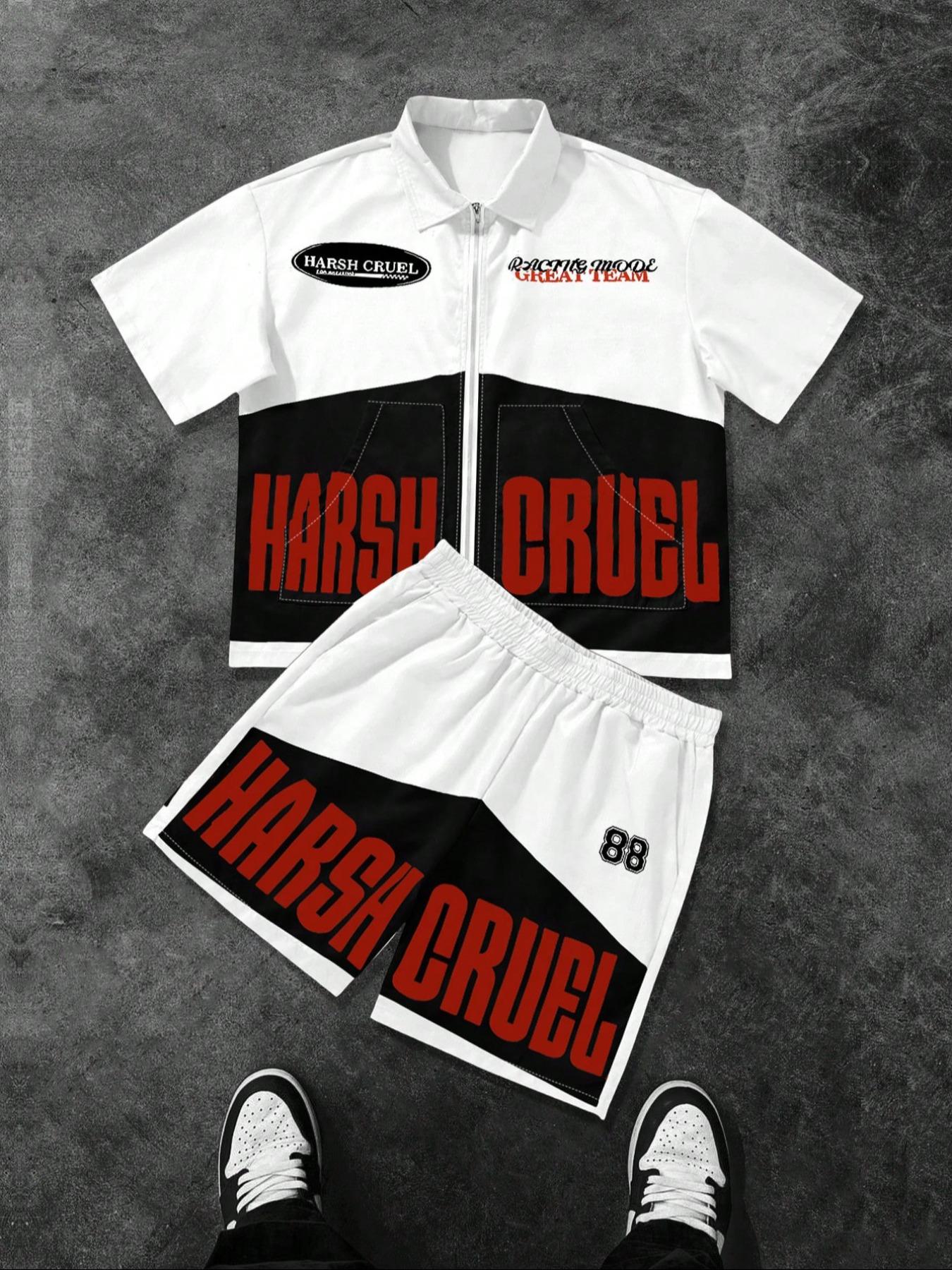 Men's Letter Print Short Sleeve Tee & Shorts, Menswear, Loose Casual Comfy Round Neck T-Shirt & Shorts Set, Men's Sleepwear for Summer, Athletic