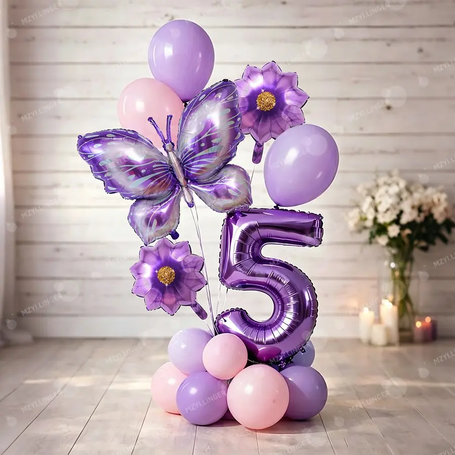 20 Piece Gradient Butterfly Flower Balloons, Number Birthday Balloon Set, Festival Party Decoration, Birthday Photo Props, Balloon Decorations