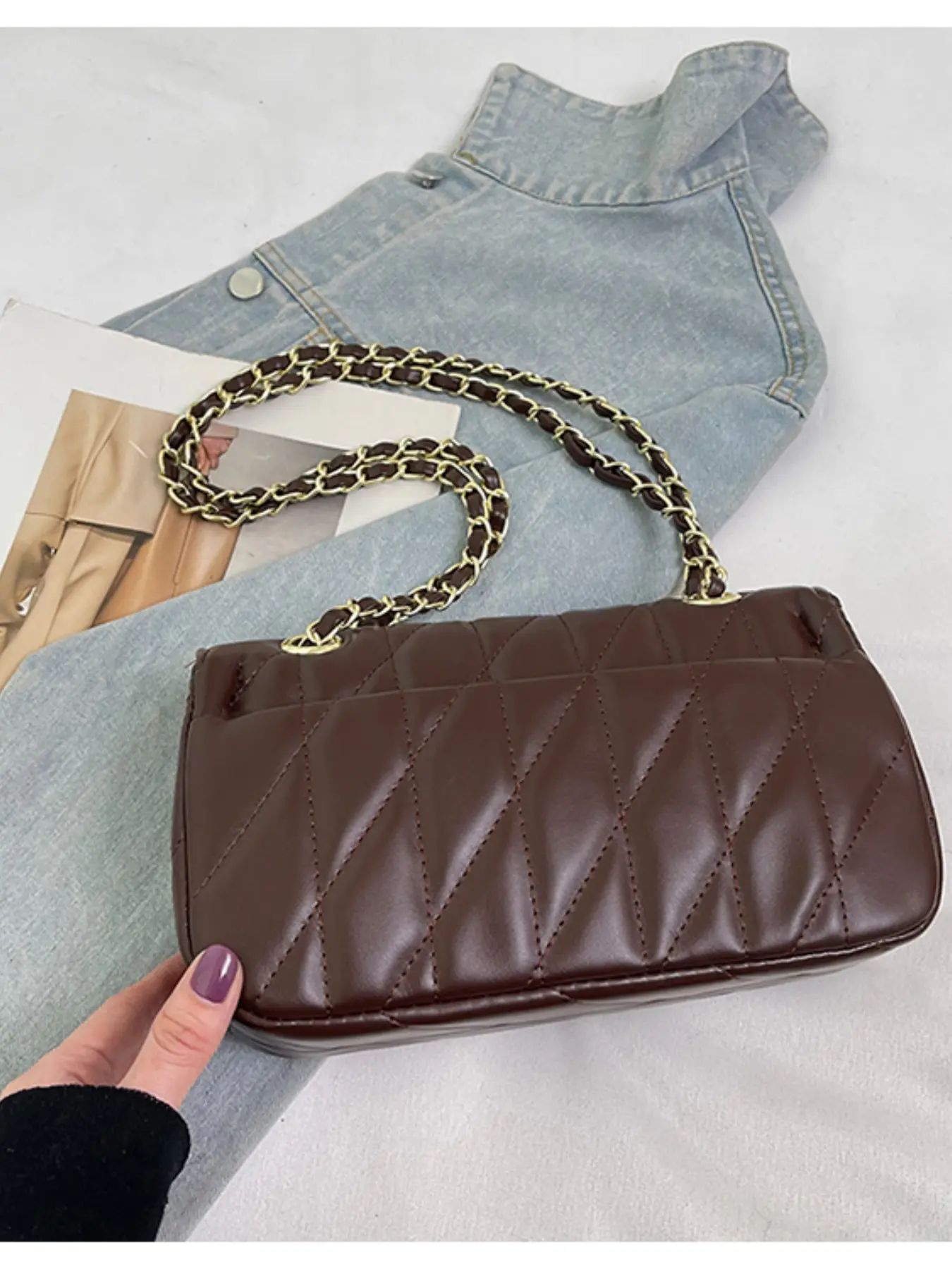 Women's Quilted Chain Shoulder Bag, Fashionable Daily Use, Elegant Style, Pure Color, All Seasons Accessory Women's Quilted Chain Shoulder Bag, Fashionable Daily Use, Elegant Style, Pure Color, All Seasons Accessory