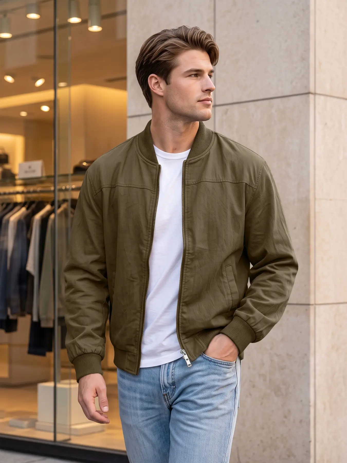 Men's Casual Linen Pilot Jacket, Linen Texture, Solid Color Stand Collar Zipper Baseball Coat, Side Pocket Design, Perfect for Leisure Wear