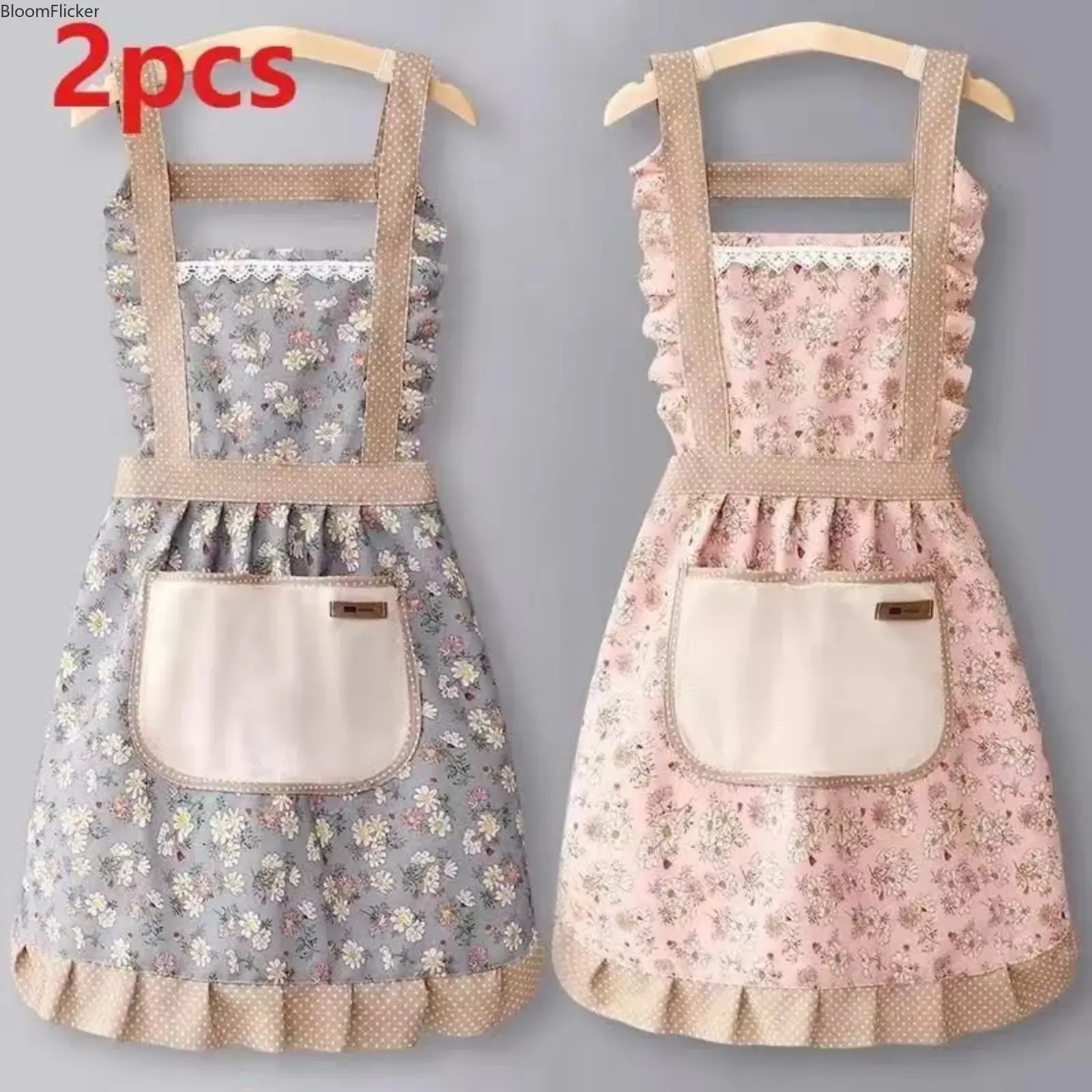 2 Piece Floral Princess Cute Apron Set with Pockets, Adjustable H-Strap Design, Includes Handbag, Ideal for Kitchen Baking, Cooking, Restaurant Use Aprons with Pockets