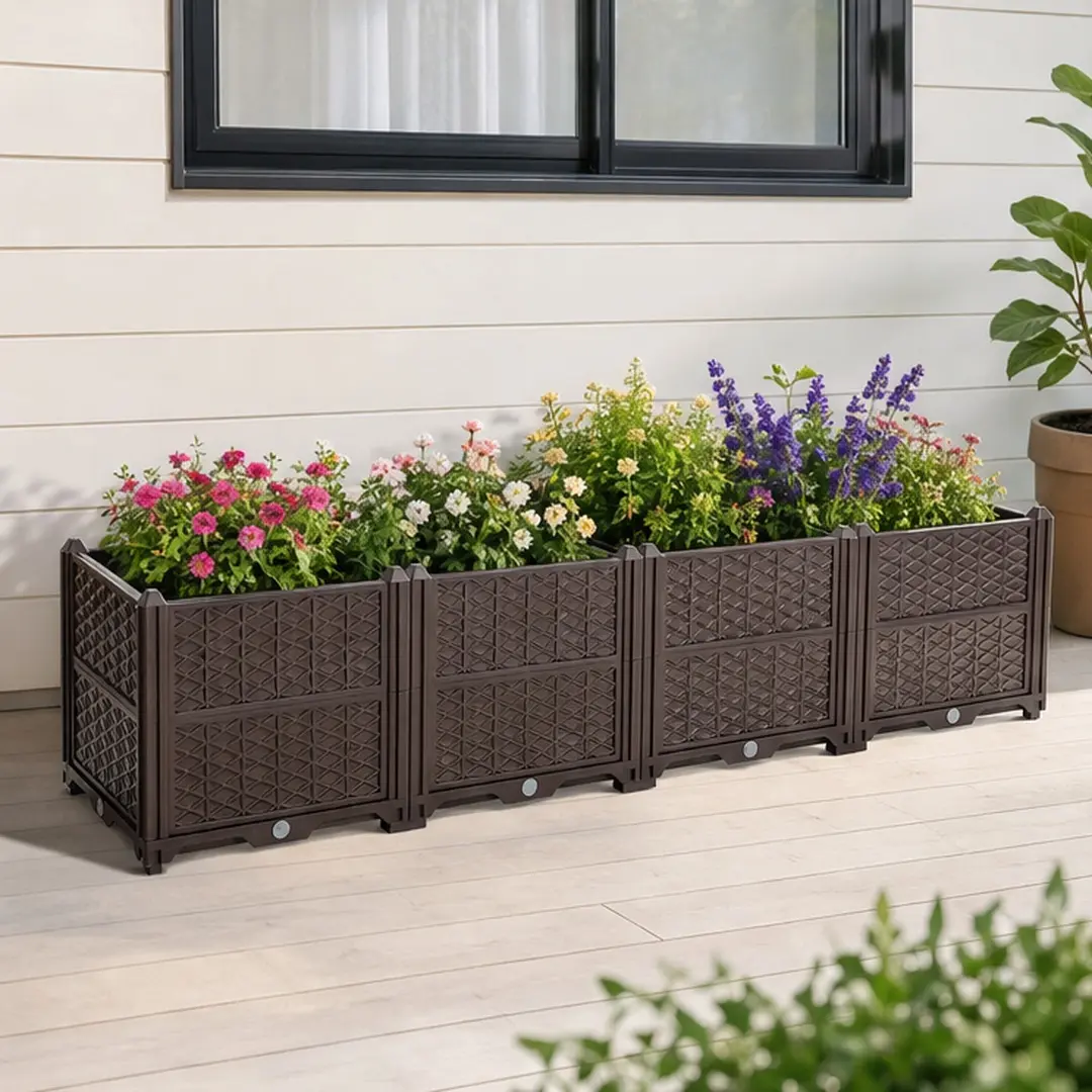 ARCH Large Rectangular Polypropylene Plastic Planter Box Kit - Coffee Color, 15.70 w x 62.80 d x 14.60 h in, 16.89 lb, with Water Tray, Indoor & Outdoor Flexibility, Balcony Use, Ideal for Vegetables, Herbs, Flowers (Home Improvement Garden Supplies), 62.