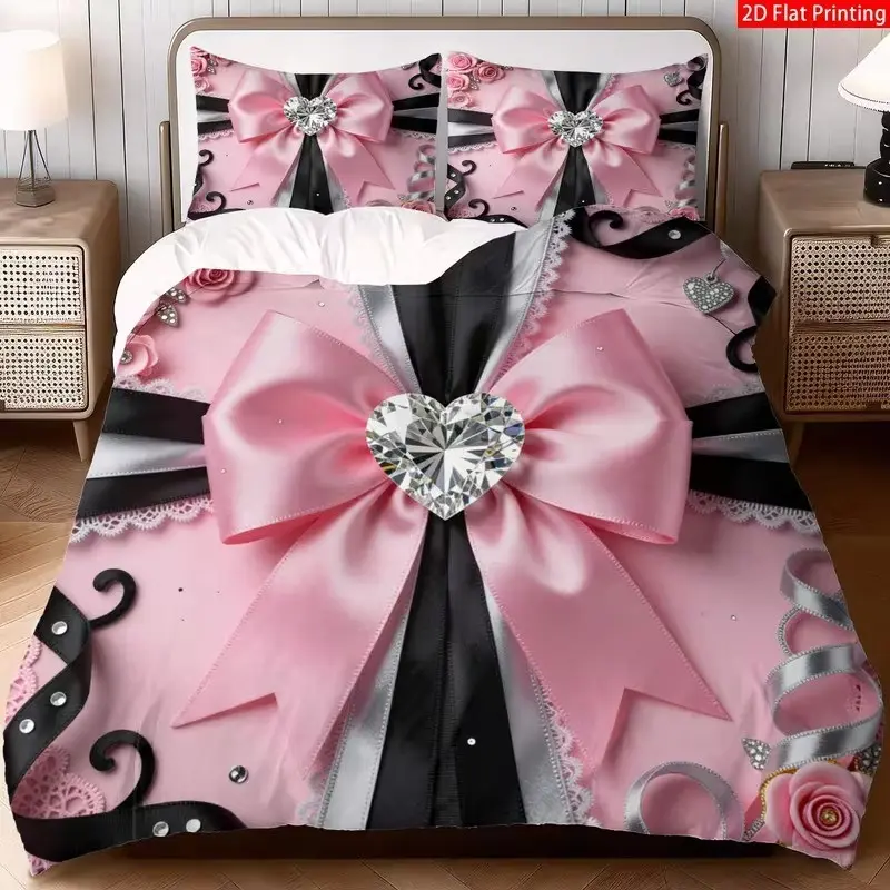 3-piece set, Bed sets, bedding set, 2D flat design, black and silver, diamond-set heart-shaped bow, rose satin ribbon lace print, suitable for wedding anniversary, Valentine's Day, bedroom decoration, 1 bedspread + 12 pillowcases, no filling core