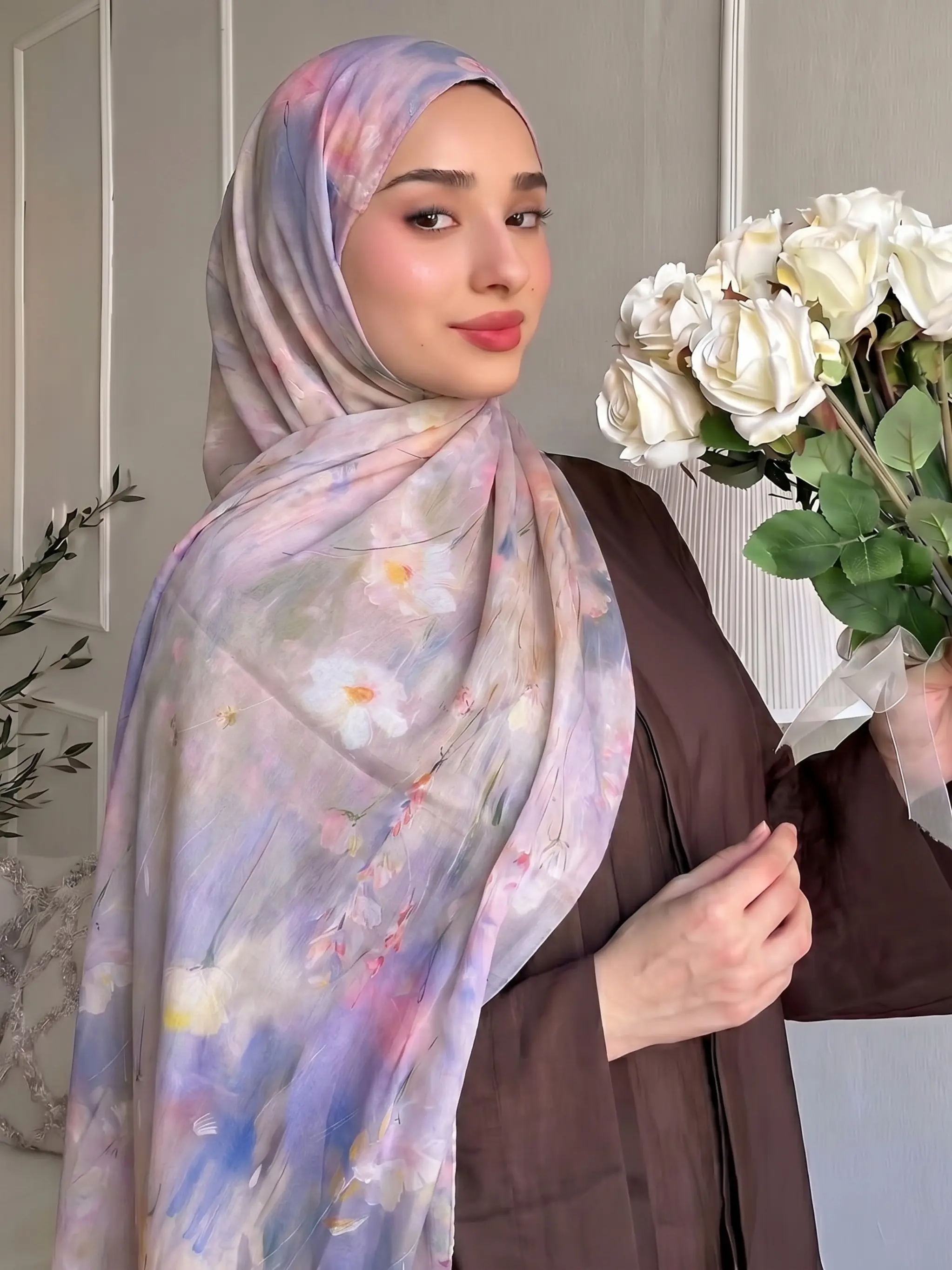 Women's Light Oil Painting Floral Modesty Hijab Wrap, 70x180cm Modal Scarf, All-Season Muslim Headscarf, Fashionable Wraparound Hijab, Tignon Scarf