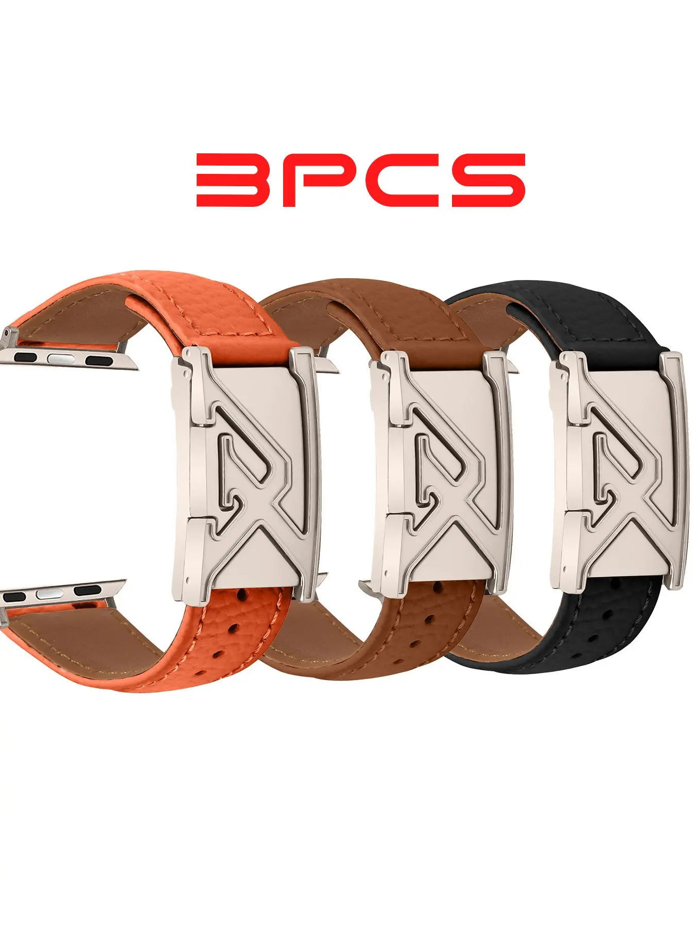 3pcs Fashionable Leather Watch Strap, Litchi-Pattern Texture, Silver Color Letter-Engraved Clasp, All Seasons Accessory, Fashionable Watch Accessories, Box Included
