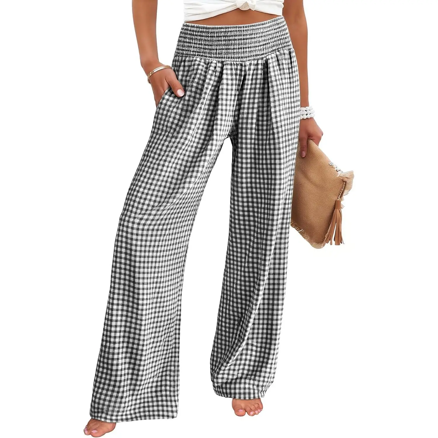 Women's Striped & Gingham High-Waisted Wide-Leg Loungewear Pants with Pockets - Casual & Pajama Style, Plaid, Loose-Fitting, Pyjama Bottoms, Wide-Leg Pants, Seam Pocket