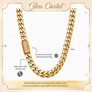 Unisex Luxury 14MM Gold Stainless Steel Miami Cuban Link Necklace - Men's Accessories, Beach Essentials, Chains for Men with A-Z CZ Initial Letter Clasp, Hip Hop Gothic Punk Style, Non-Tarnish Statement Costume Jewelry for     Gradient  lulu seek necklace