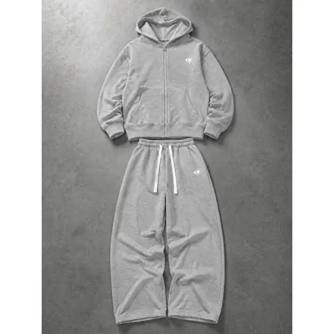 Men's 2-Piece Cotton-Polyester Blend Tracksuit Set - Full-Zip Cropped Hoodie, Elastic-Waist Wide-Leg Sweatpants, Small Printed Logo, Hip Hop Streetwear for Casual Daily Use
