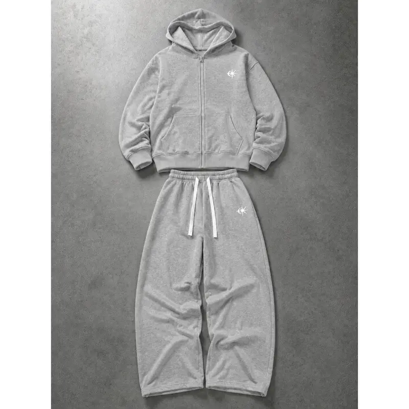 Men's 2-Piece Cotton-Polyester Blend Tracksuit Set - Full-Zip Cropped Hoodie, Elastic-Waist Wide-Leg Sweatpants, Small Printed Logo, Hip Hop Streetwear for Casual Daily Use