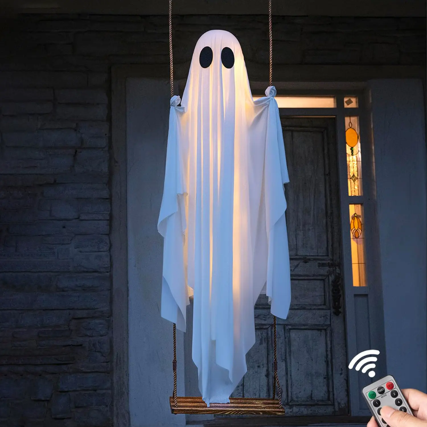 5 Feet Large Hanging Swing Ghost Remote Control Halloween Decoration with String Lights, Outdoor Courtyard Halloween Decorations