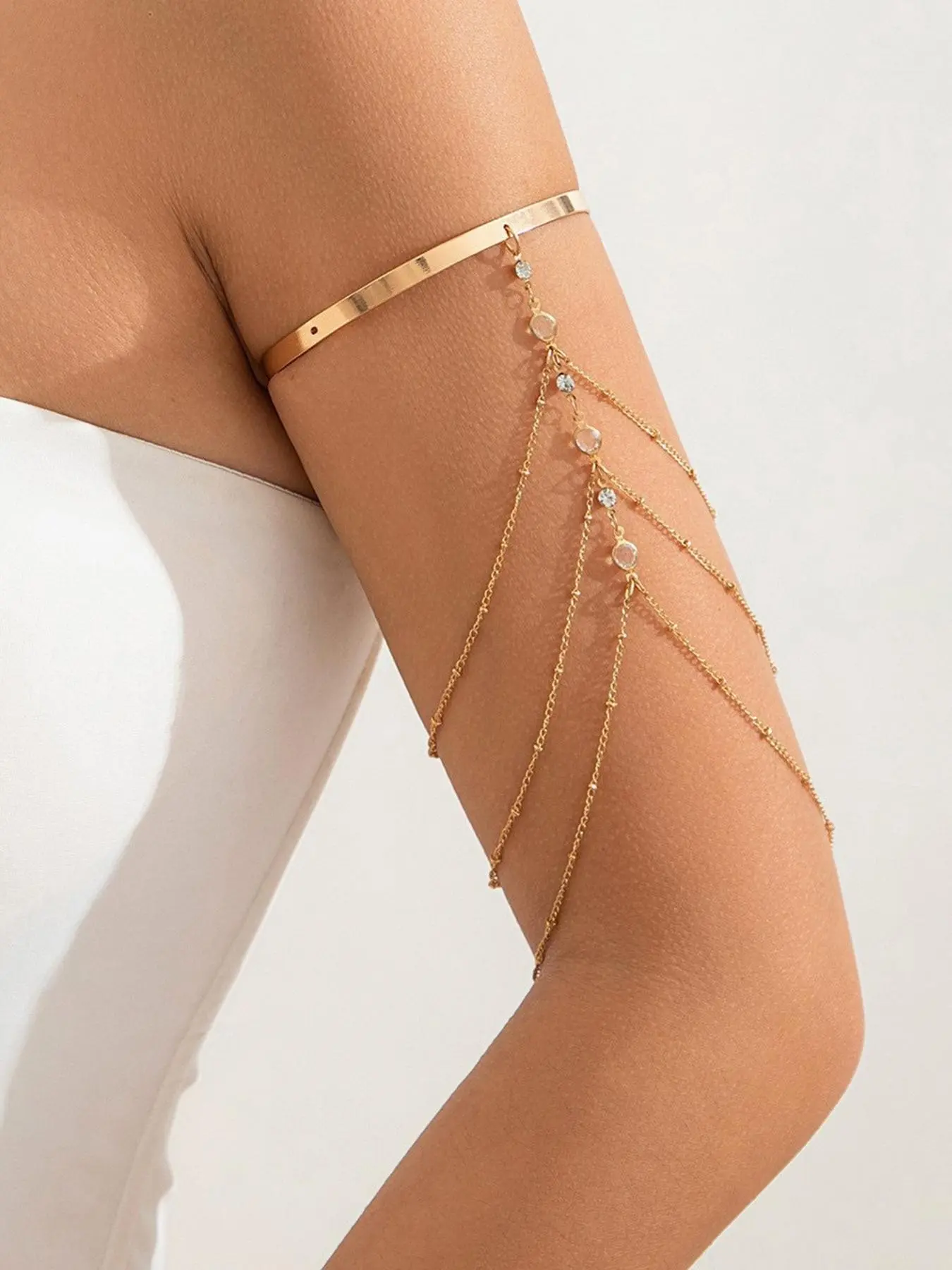 Fashionable Multi-Layer Rhinestone Stainless Steel Chain Fringe Upper Arm Bracelet, Adjustable Crystal Bead Fringe Arm Ring, Summer Beach Women's Body Jewelry
