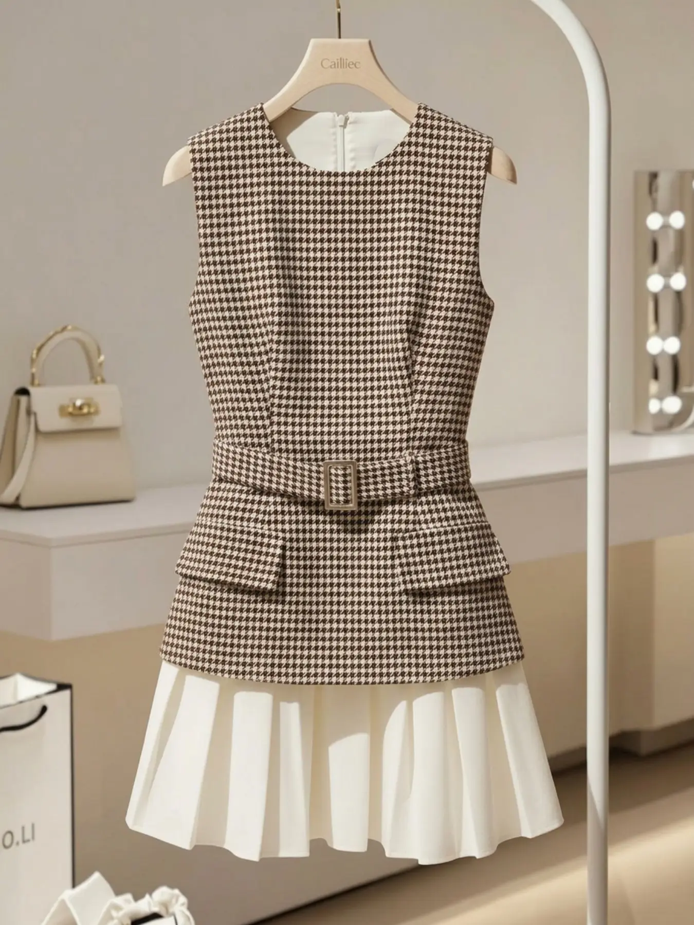 Women's Spring Summer Plaid Houndstooth Sleeveless Dress, Waist Cinched Belt Pleated Design, Campus Commute & Friends Gathering, Sweet Cool Style