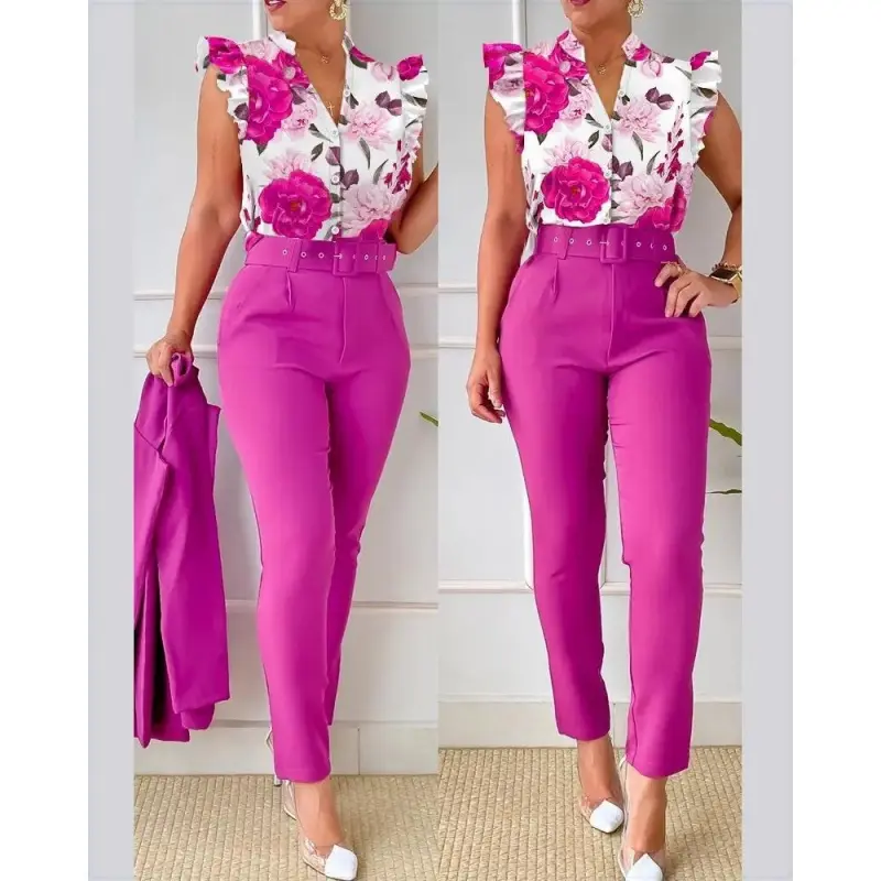 Floral Two-Piece Set with Lotus Sleeve & Belted Waist - Stretch Fabric Spring Summer Outfit (Office to Casual) Personality Clothes Elegant Suits Matching Chic Womenswear Comfort Army Green Pants Pink Beach Bohemian