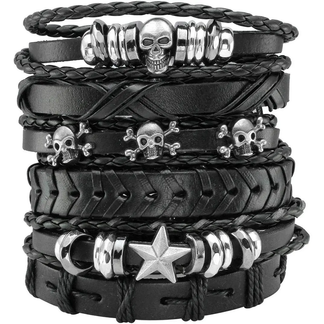 Braided Leather Bracelet for Men Women Punk Cuff Wrap Bangle Bracelets Adjustable Black