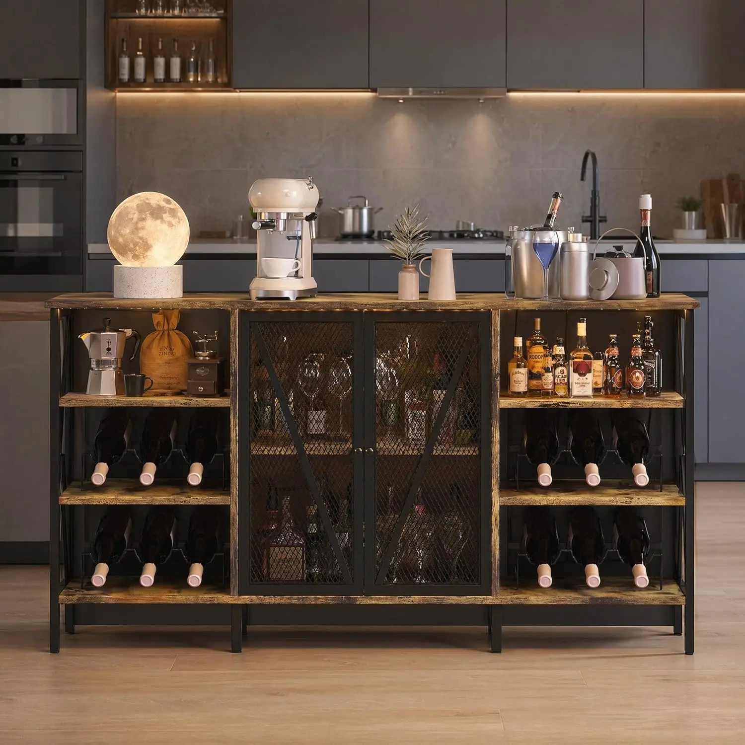 55" Modern Bar Cabinet with LED Lights, Removable Wine Rack and Glass Holder, Mesh Doors Liquor Storage Cabinet with Adjustable Shelves, 220 LBS Weight Capacity Metal Sideboard, Practical Furniture for Living Room, Kitchen and Home Bar