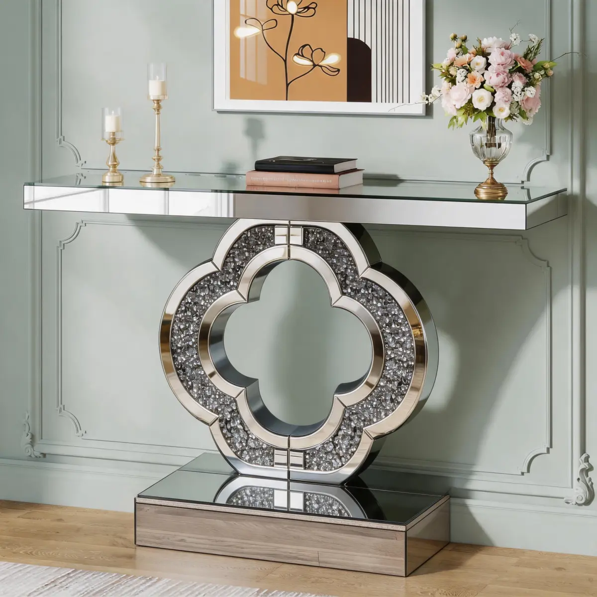 43 in Silver Glam Mirrored Console Table - Glass Top with Clover Crushed Diamond Base for Entryway, Living Room