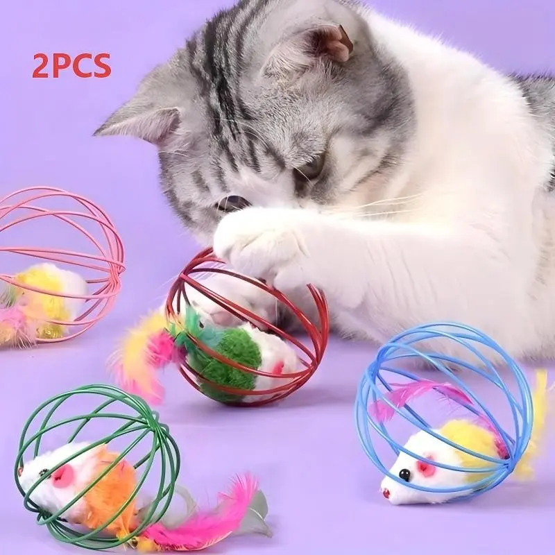 2 pieces, interactive cat toys with real feather tails – Fence Mouse Toy for Cats, endless fun, durable fabric material, cat interactive toy, no batteries required.